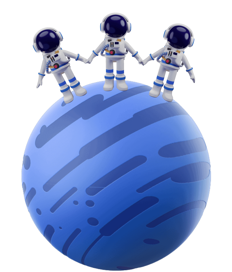 Three astronauts standing on a blue planet
