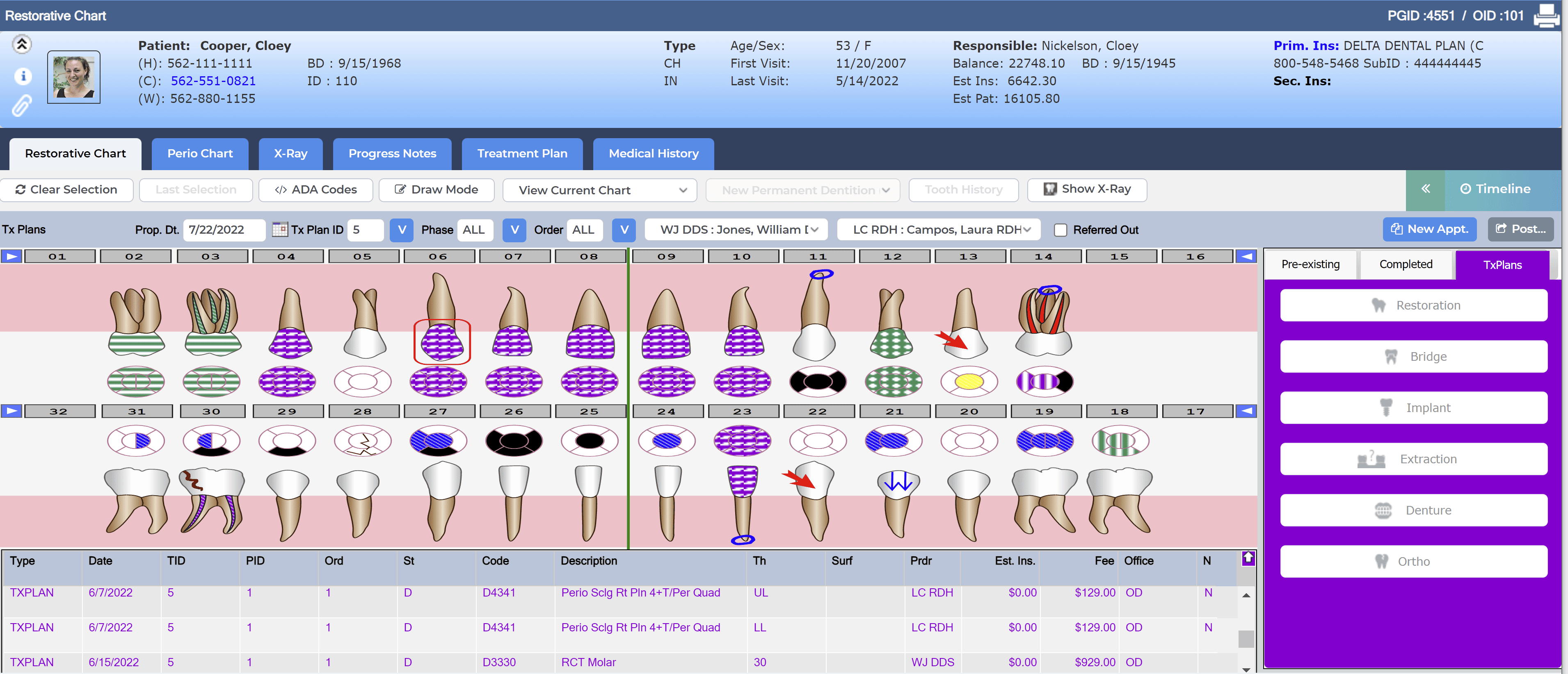 Patient Chart showing representations of individual teeth in Denticon