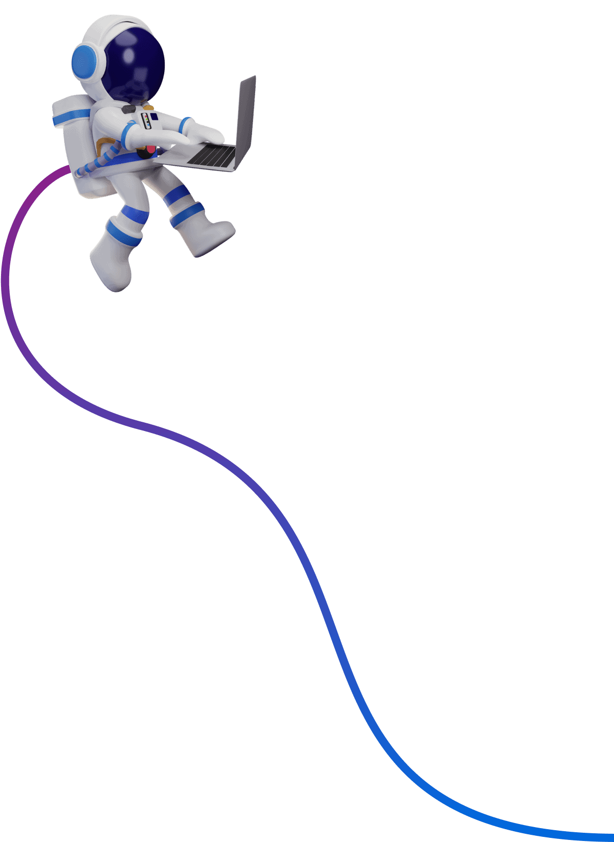 A tethered astronaut working on a laptop